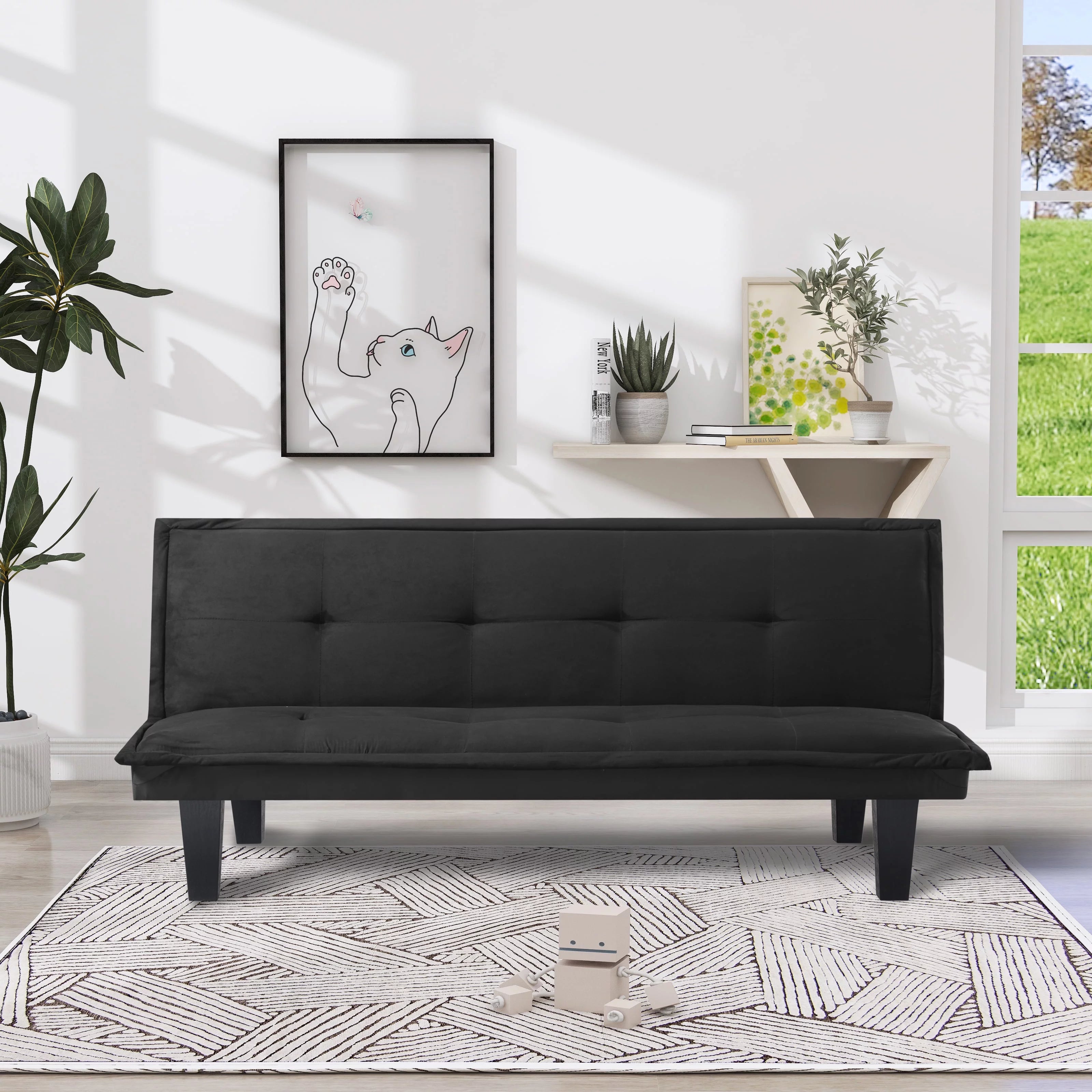BSHTI 63.8 inch Armless Tufted Convertible Sleeper Futon Sofa Faux Suede Fabric Sofa Sleeper(Black)
