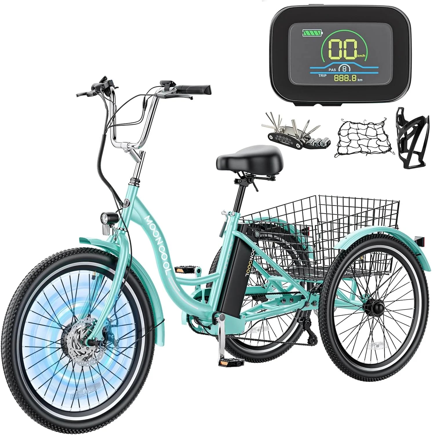 Mooncool 24" 26" 3 Wheel Electric Tricycle for Adults, 350W 36V 7 Speeds Motorized Electric Trike Three Wheel Electric Bikes Bicycle with Large Basket & Accessories for Women Men