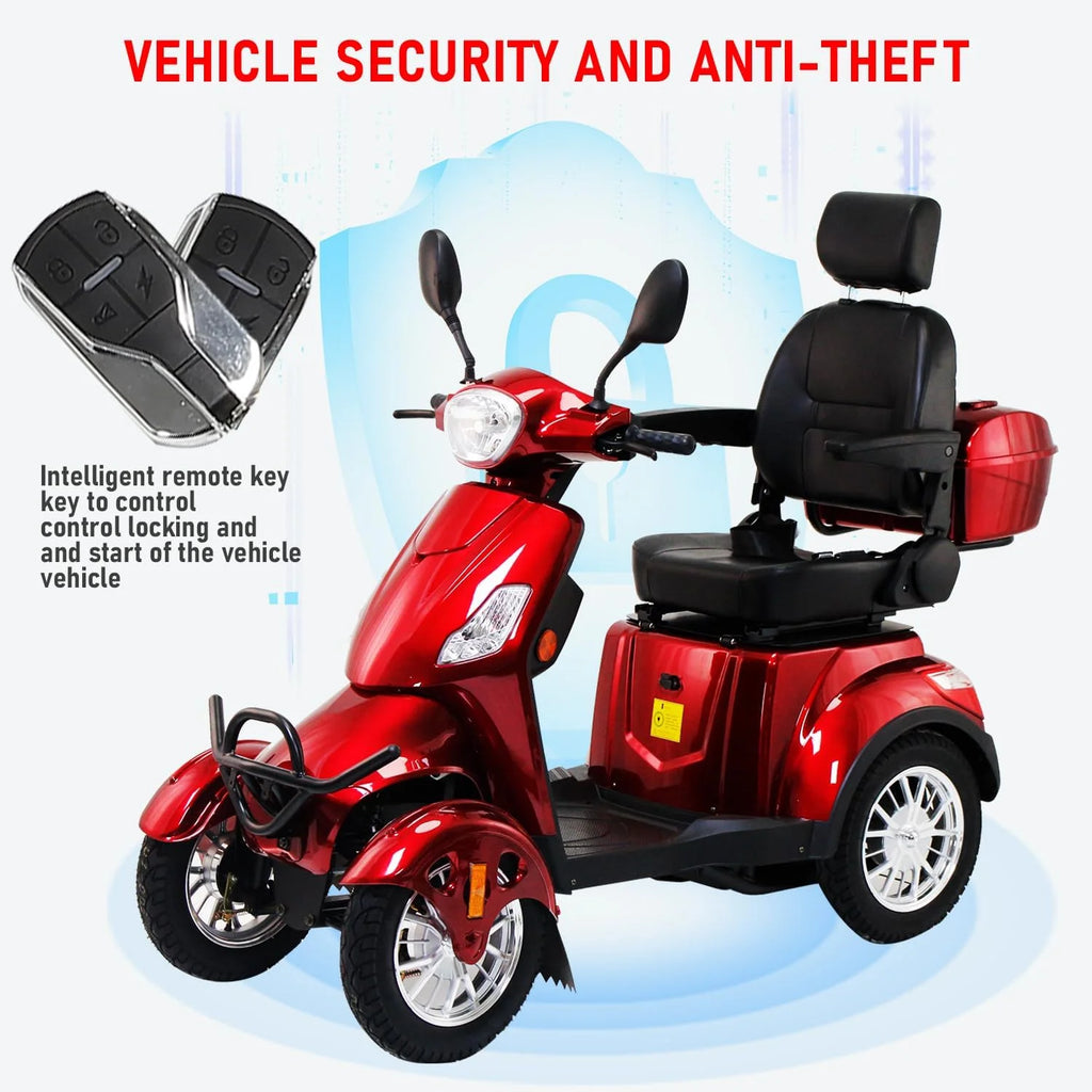 Mobility Scooters 4-Wheel Mobility Scooter Battery Powered Compact Rear Box 360 Degree Adjustable Seat  Red