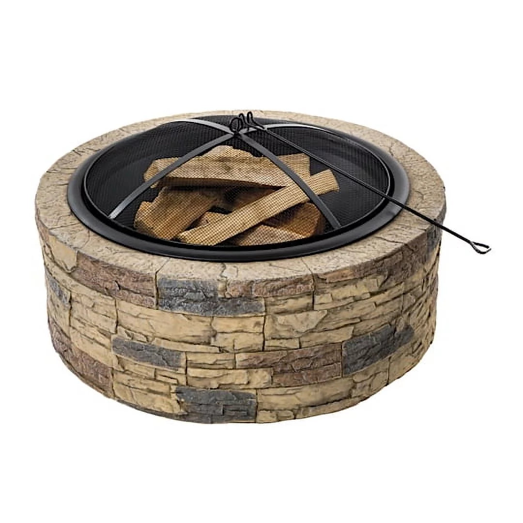 Sun Joe 35" Wood Burning Fire Pit with Dome Screen & Poker, Cast Stone Base, Natural Stone