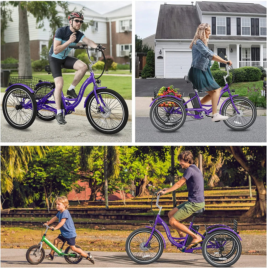 Mooncool 24" 26" 3 Wheel Electric Tricycle for Adults, 350W 36V 7 Speeds Motorized Electric Trike Three Wheel Electric Bikes Bicycle with Large Basket & Accessories for Women Men