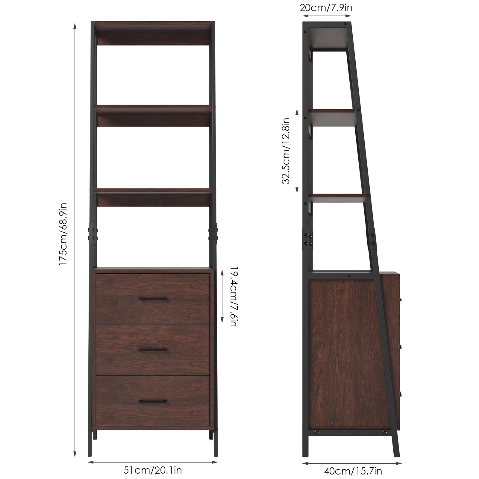 Homfa 3 Drawers Ladder Bookshelf, 3 Tier Open Storage Shelves for Office Living Room, Rustic Brown
