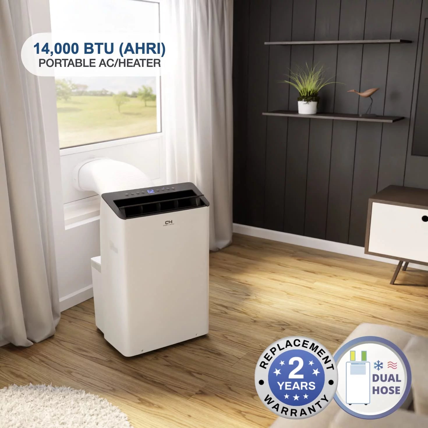 Cooper & Hunter 14000 BTU 115V Portable Air Conditioner and Heater With WiFi, Remote and Window Kit Cover 550 Sq Ft