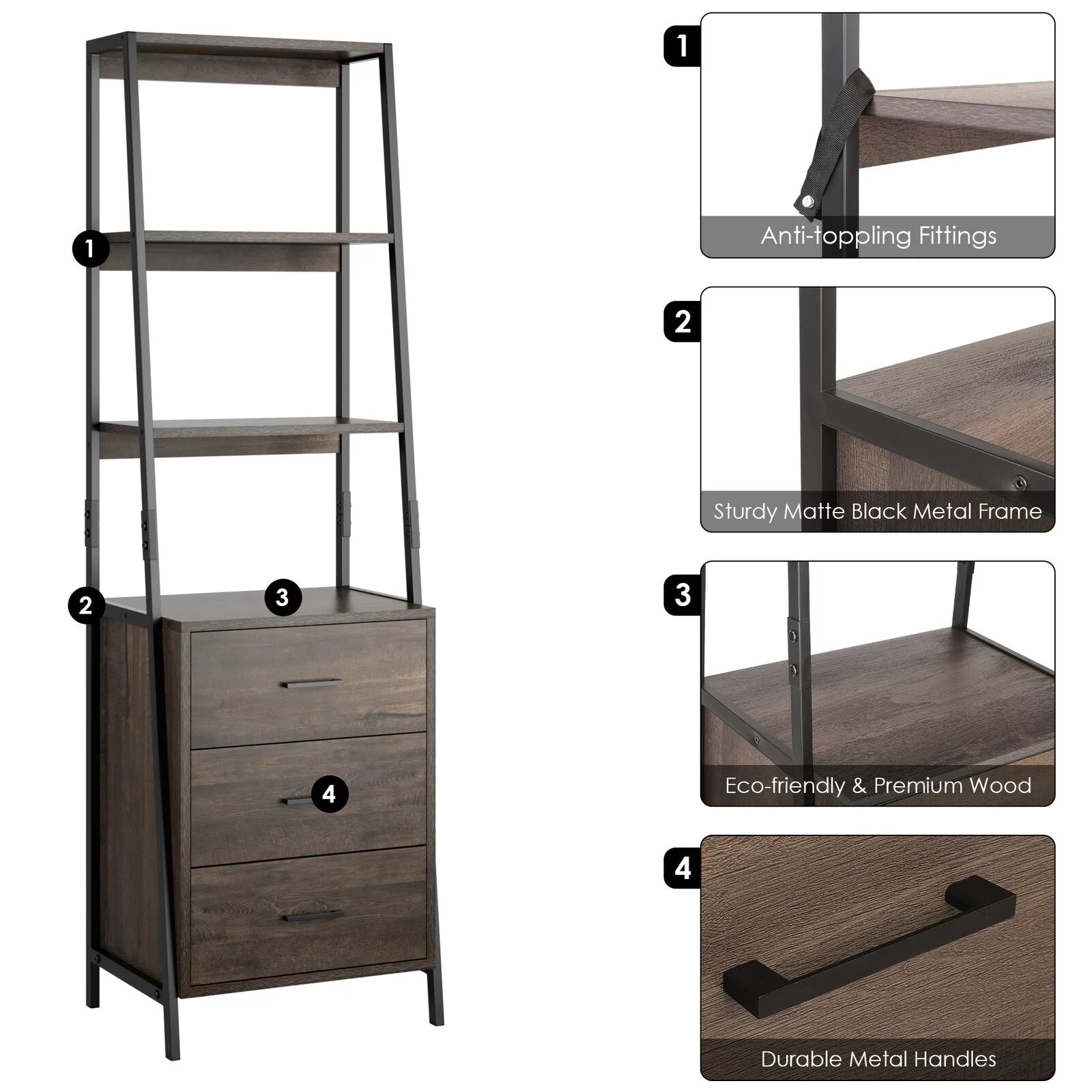 Homfa 3 Drawers Ladder Bookshelf, 3 Tier Open Storage Shelves for Office Living Room, Rustic Brown