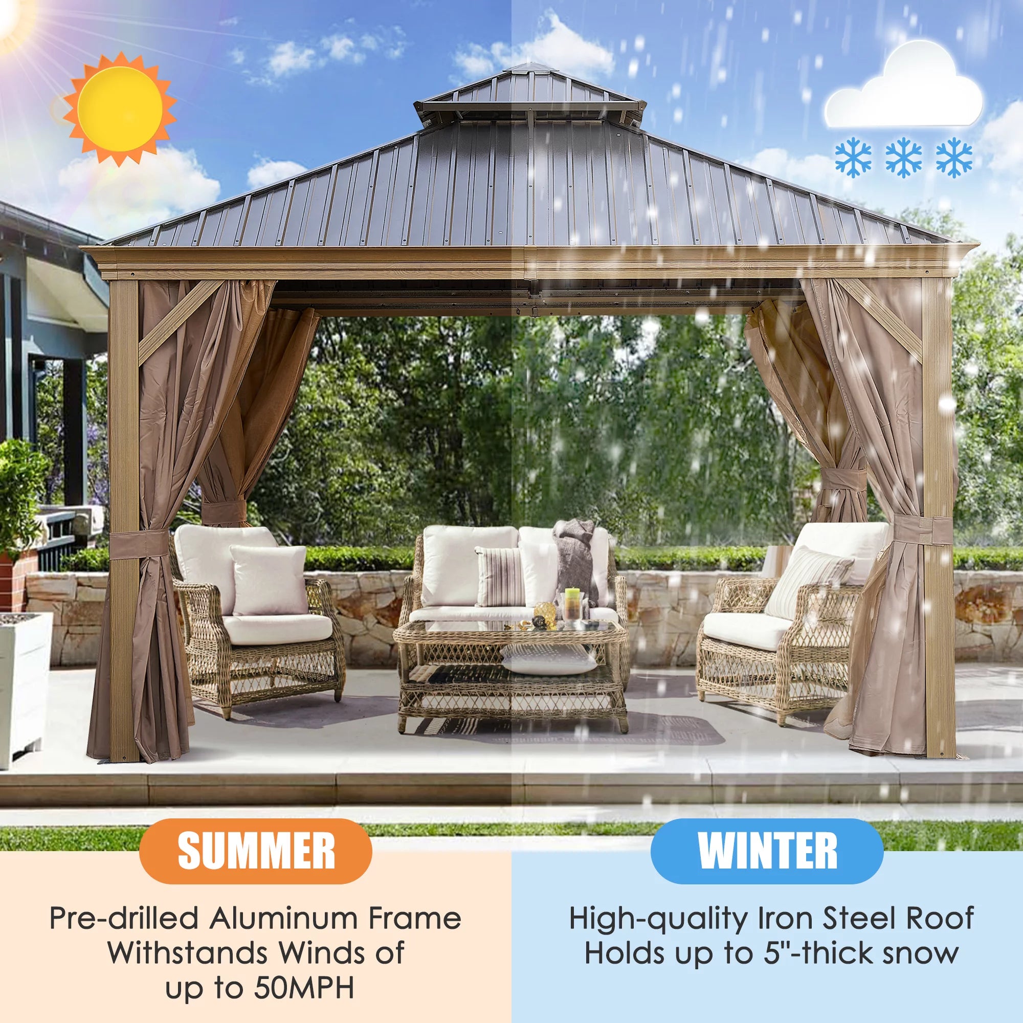 Viruhaka 12'x12' Gazebo Outdoor Pop up Canopy Tent with Curtains and Shelter for Patio, Party & Backyard