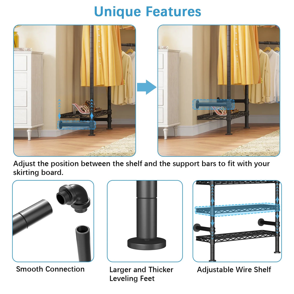 Timate L3 L Shape Garment Rack Heavy Duty Clothes Rack, Industrial Pipe Wall Mounted Clothing Rack Storage Closet Kit, Black