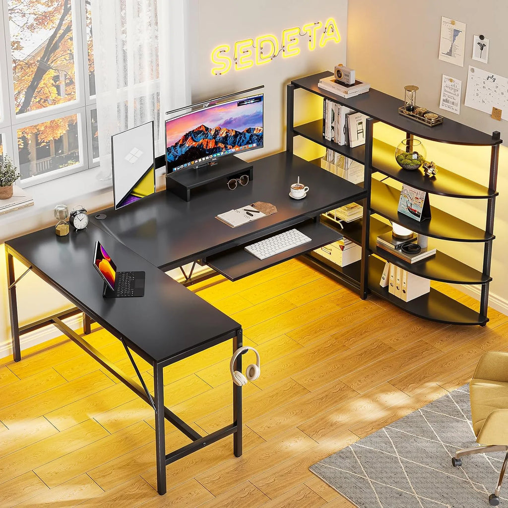 U-SHARE  L Shaped Computer Desk, 63'' Desk with Storage Shelves, Keyboard Tray, Monitor Stand and Headphone Hook, Corner Gaming Desk with LED Lights,