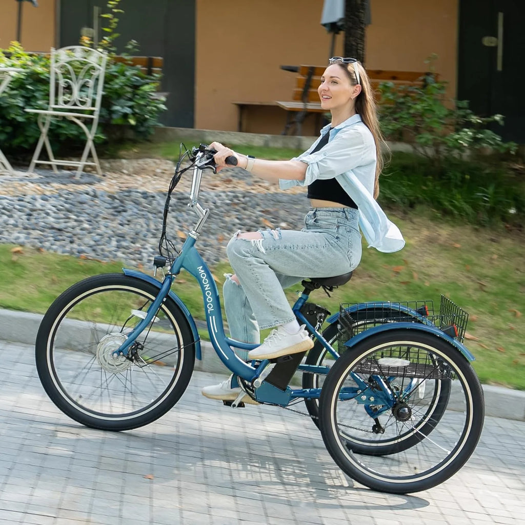 Mooncool 24" 26" 3 Wheel Electric Tricycle for Adults, 350W 36V 7 Speeds Motorized Electric Trike Three Wheel Electric Bikes Bicycle with Large Basket & Accessories for Women Men
