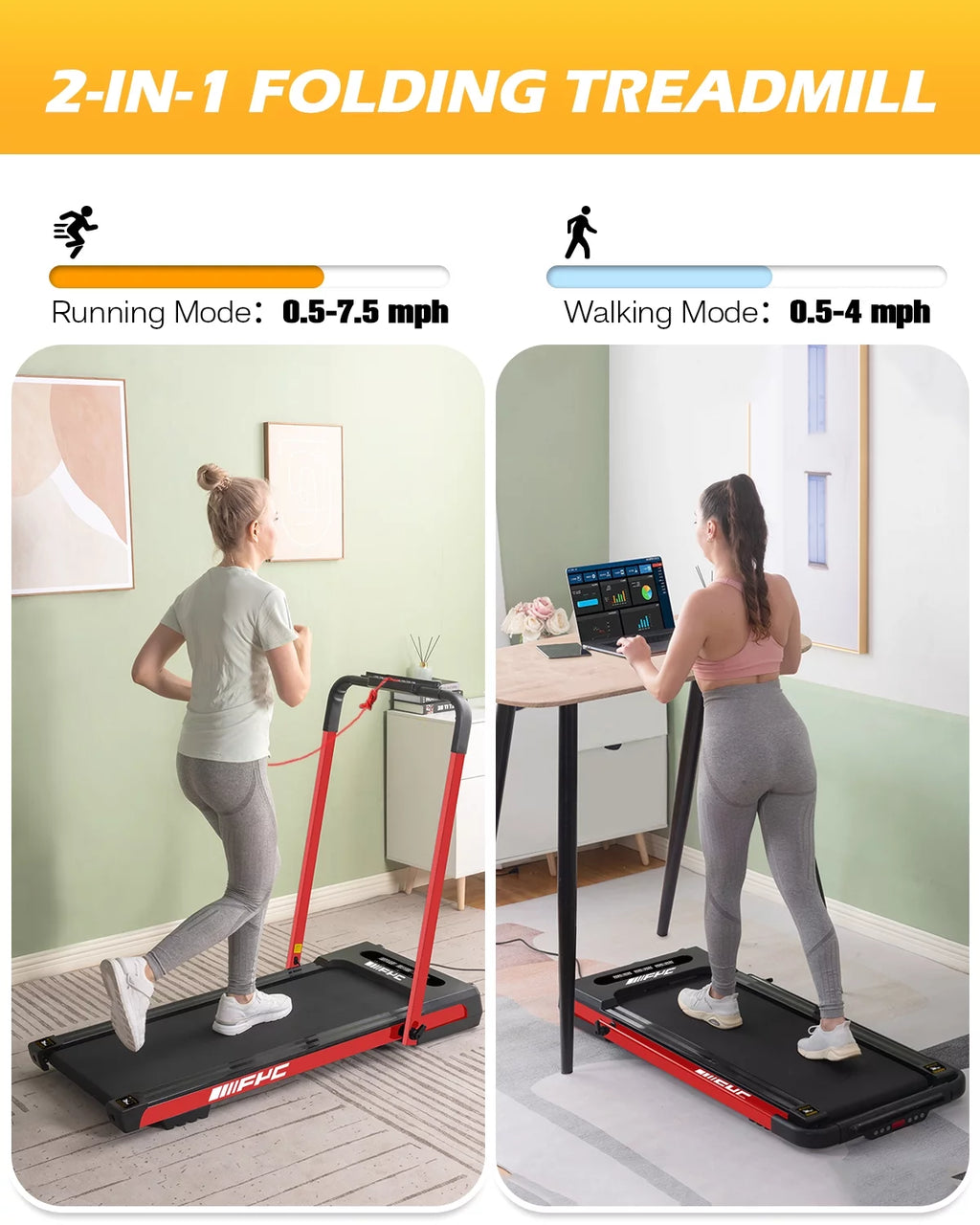FYC 3.5HP Under Desk Treadmill - 300LBS Weight Capacity, 2-in-1 Foldable Design, Remote Control & LED Display - Compact Electric Walking and Running Machine for Walking, Running, Jogging (White)