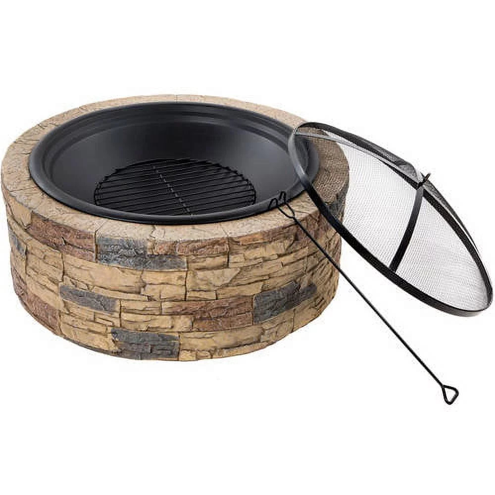 Sun Joe 35" Wood Burning Fire Pit with Dome Screen & Poker, Cast Stone Base, Natural Stone