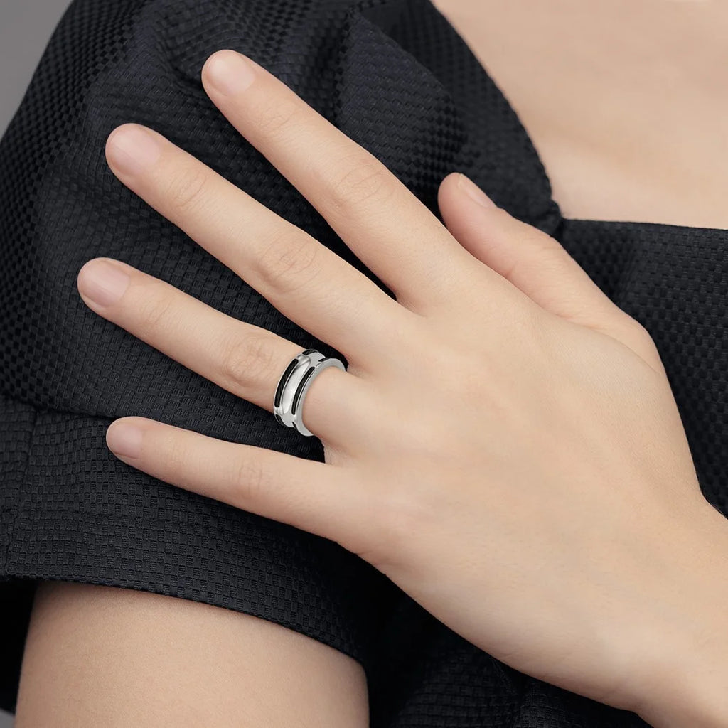 Edward Mirell Stainless Steel Engravable and Black Titanium Cable Edge Polished Concave 10mm Band Size 8 Jewelry for Wom
