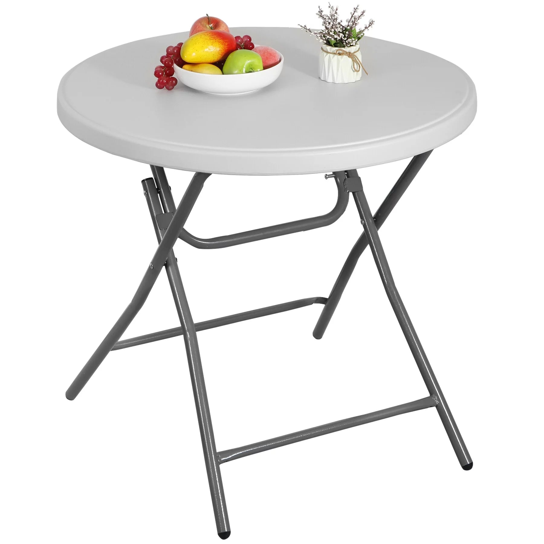 HomGarden 48" Round Bi-Folding Picnic Table 4FT Portable Plastic Dining Card Table Indoor & Outdoor White