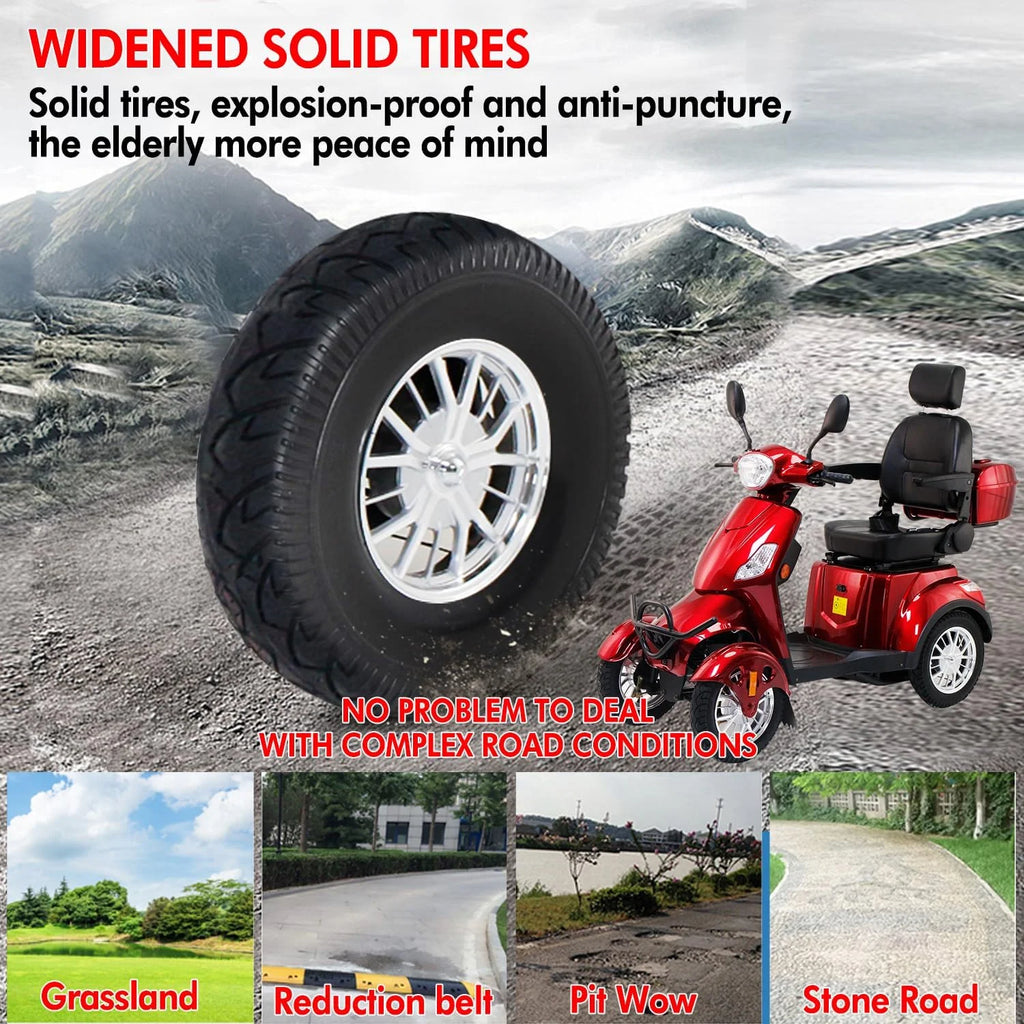 Mobility Scooters 4-Wheel Mobility Scooter Battery Powered Compact Rear Box 360 Degree Adjustable Seat  Red