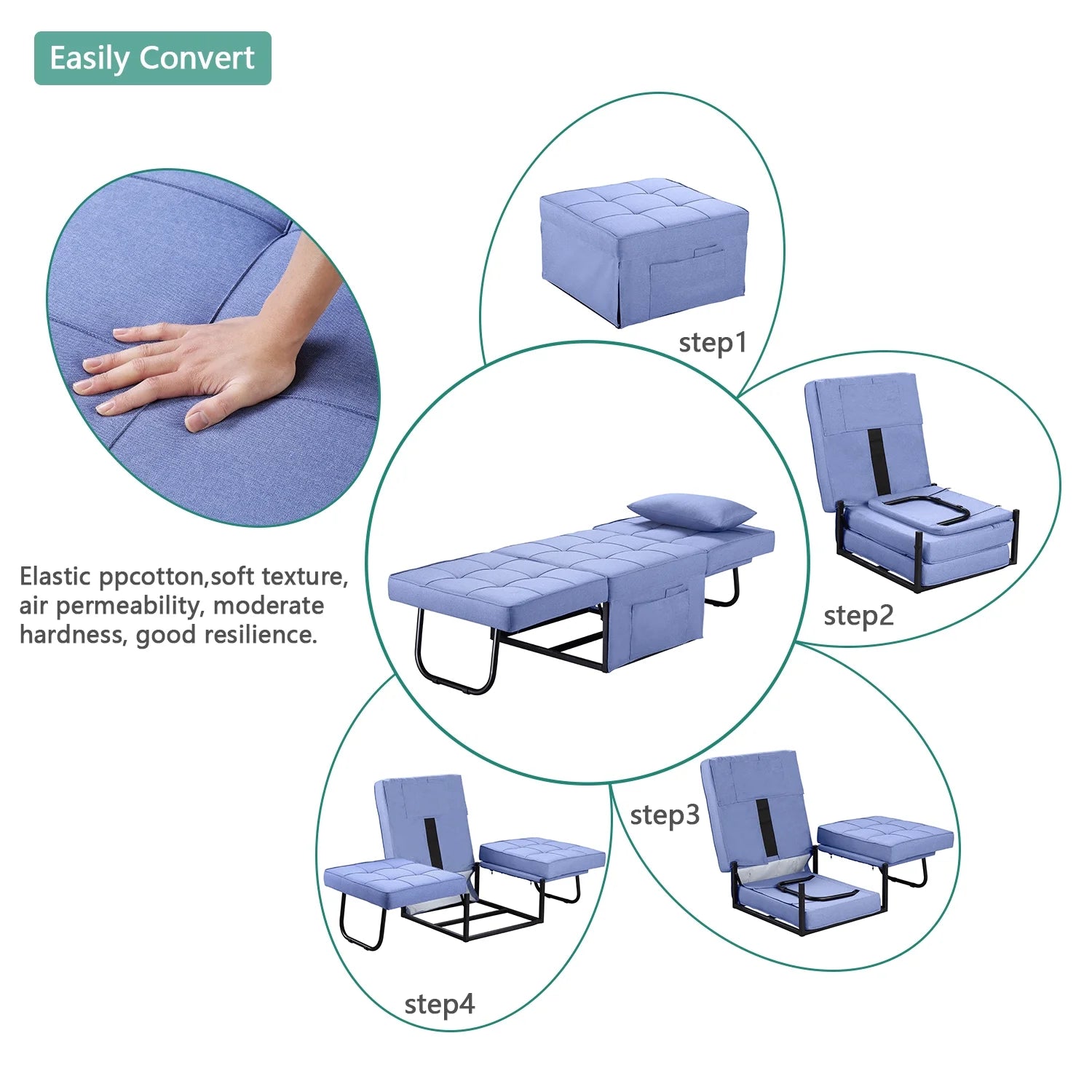 Ainfox Ottoman Chair Lounger Bed .4 in 1 Breathable Linen Convertible Single Sofa Couch, 73.23''L x 33.86''W(Dark Blue)