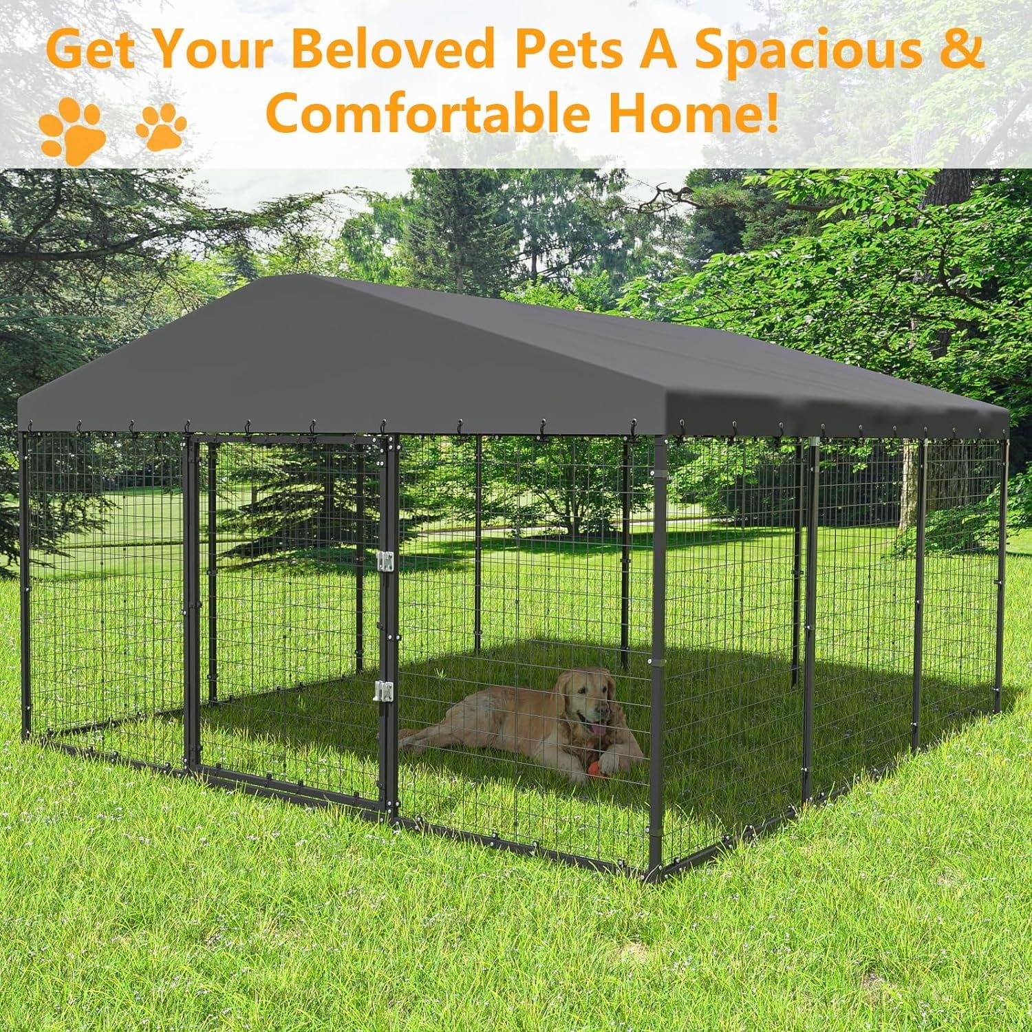 Kullavik Large Dog Kennel Outdoor with Waterproof Roof Cover, Dog Cage Heavy Duty Dog Enclosures w/Upgraded Metal Mesh and Door Locks