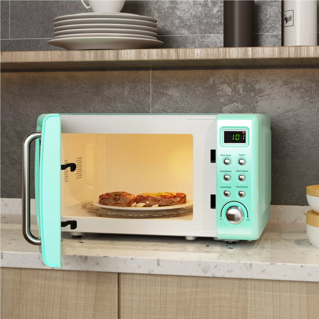 Costway 0.7Cu.ft Retro Countertop Microwave Oven 700W LED Display Glass Turntable Green