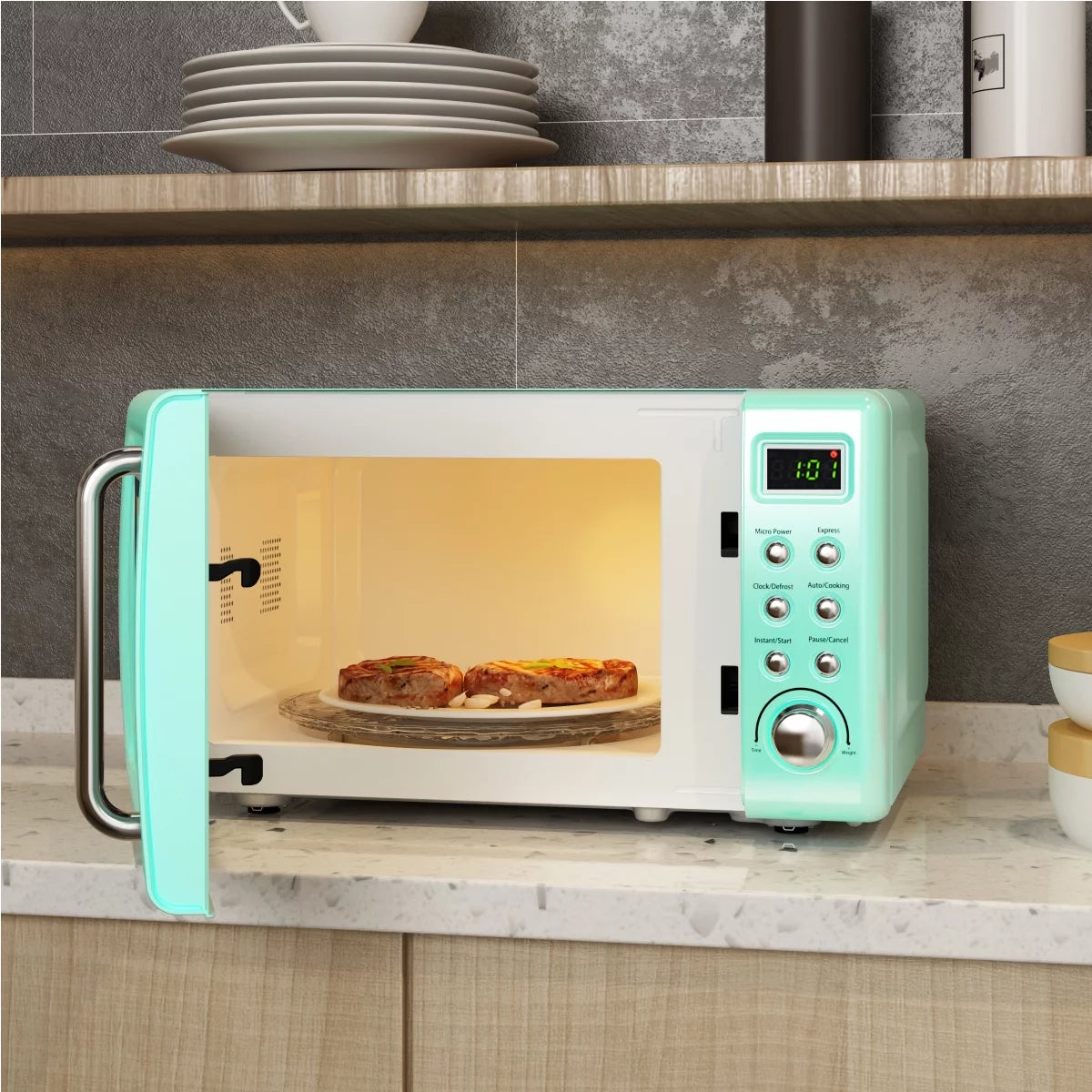 Costway 0.7Cu.ft Retro Countertop Microwave Oven 700W LED Display Glass Turntable Green