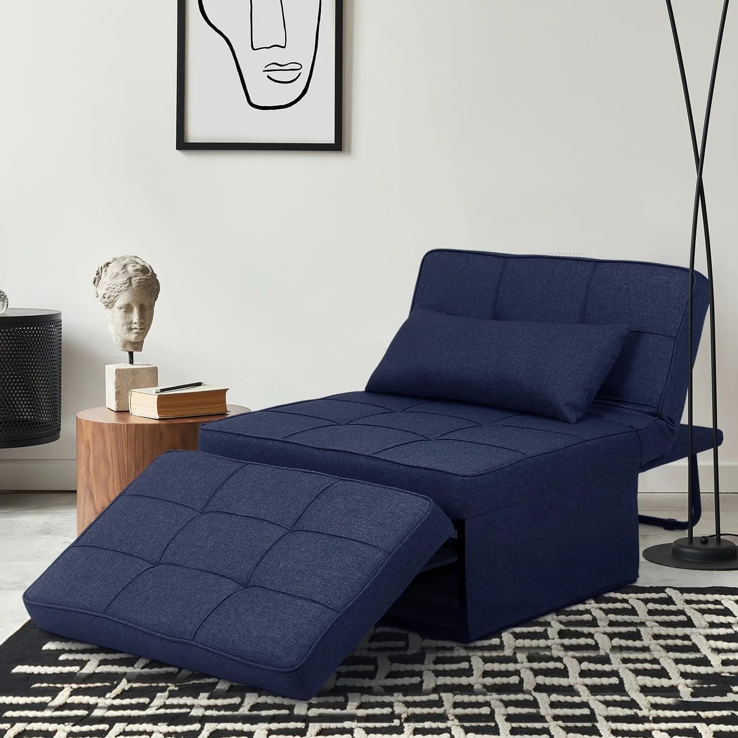Ainfox Ottoman Chair Lounger Bed .4 in 1 Breathable Linen Convertible Single Sofa Couch, 73.23''L x 33.86''W(Dark Blue)