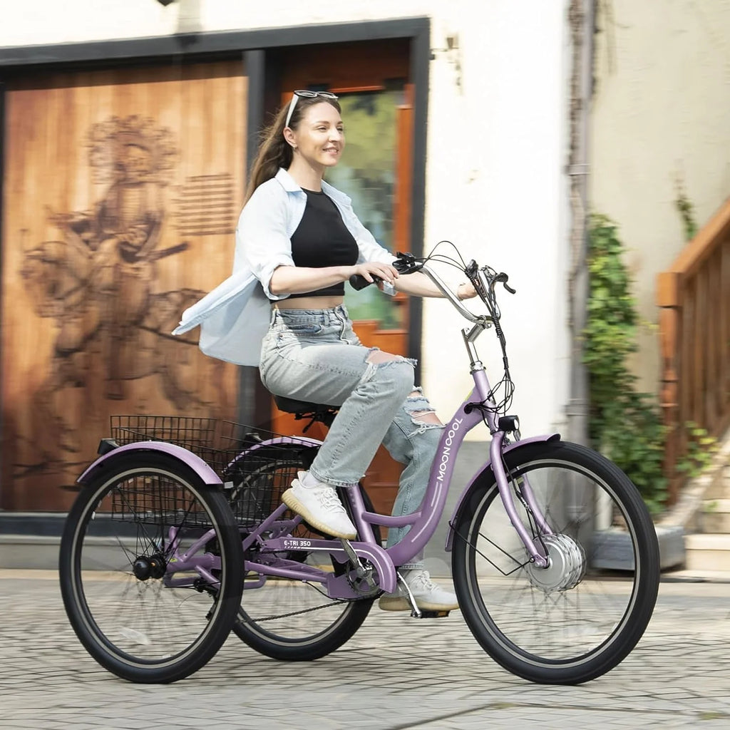 Mooncool 24" 26" 3 Wheel Electric Tricycle for Adults, 350W 36V 7 Speeds Motorized Electric Trike Three Wheel Electric Bikes Bicycle with Large Basket & Accessories for Women Men
