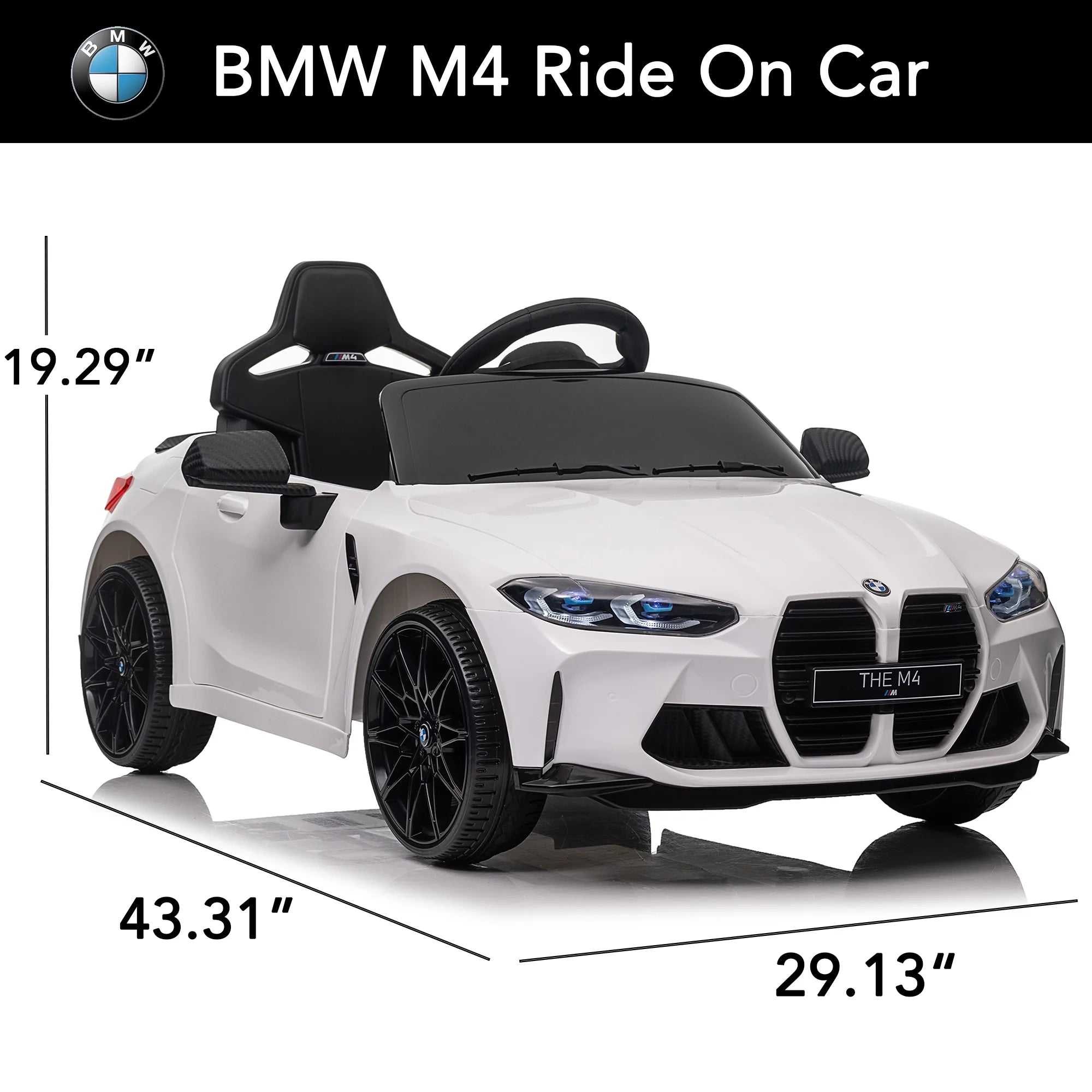 Track 7 12V Ride on Car, Licensed BMW M4 Electric Car, Kids Ride on Car with Remote Control, Bluetooth, Lights, Portable Handle, White